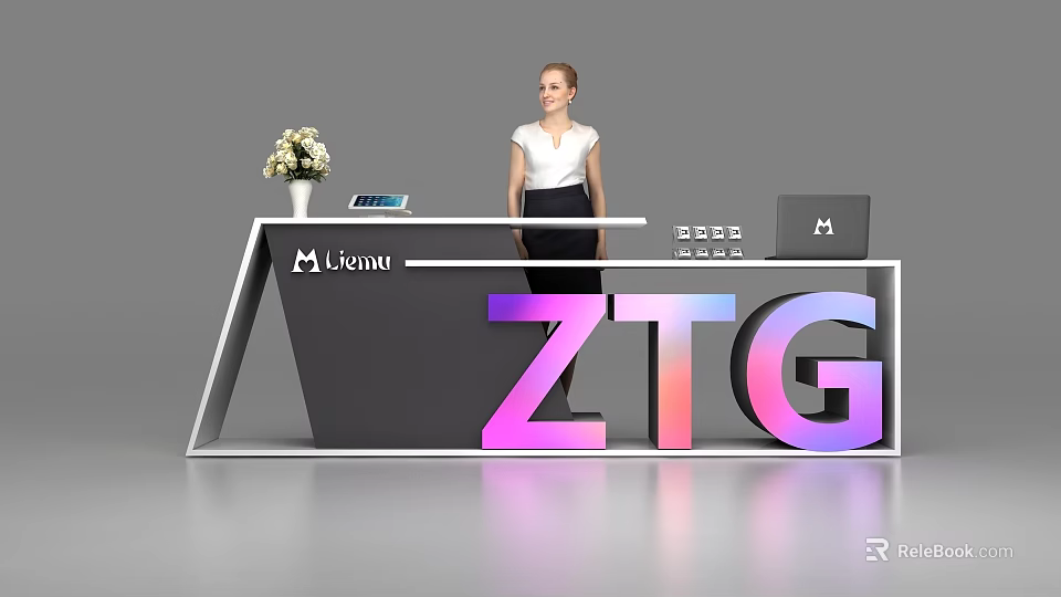 Modern Reception Desk With M Beauty Logo Flower Arrangement Tablet Standing Woman 3D ZTG Letters 3d model 