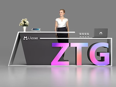 Modern Reception Desk With M Beauty Logo Flower Arrangement Tablet Standing Woman 3D ZTG Letters 3d model