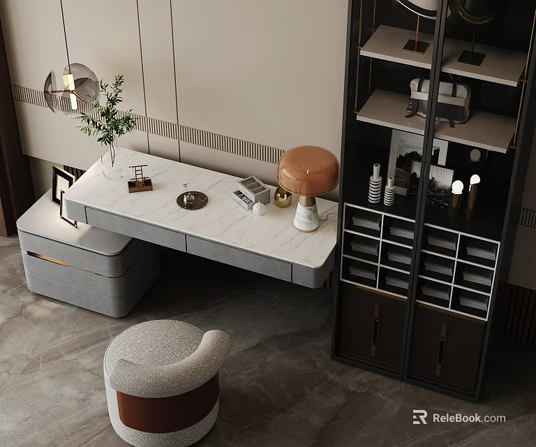 Modern Dressing Table With Marble Top Stool Table Lamp And Storage Cabinet 3d model