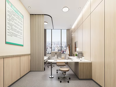 Hospital Outpatient Clinic Interior With Wooden Walls Large Windows Desks And Chairs 3d model