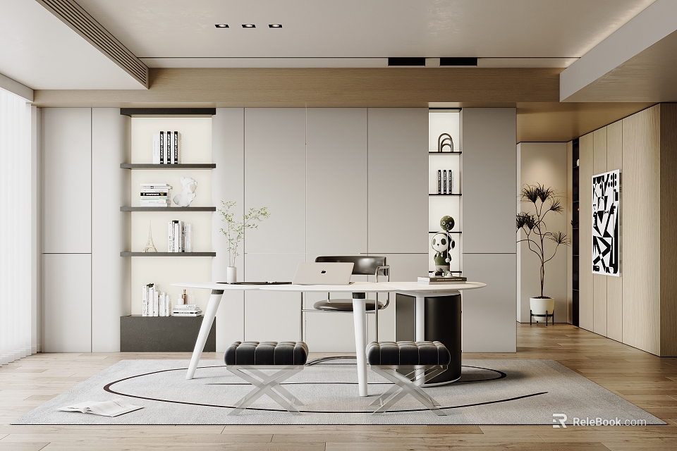 Modern Study Room Interior Design With White Bookshelves Wooden Desk Round Rug And Green Plant 3d model 