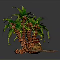 Cartoon Scene With Palm Trees Small Houses Red And Brown Roofs On Brick Platform