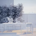Modern Outdoor Table With Rattan Chairs And Leafy Plants Overlooking City Skyline
