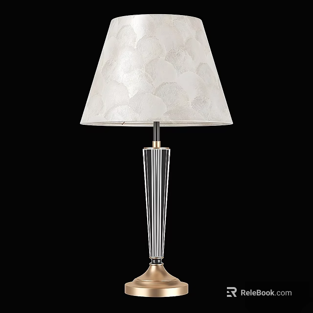 Elegant Table Lamp With White Patterned Fabric Shade And Transparent Vertical Striped Glass Column 3d model