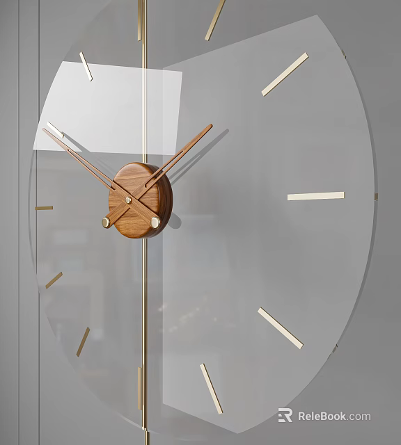 Modern Wall Clock With Transparent Dial Wooden Center And Golden Hour Markers 3d model 