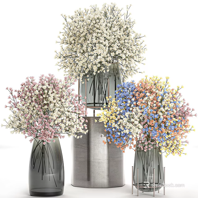 Modern Glass Vases With Colorful Assorted Flowers For Decorative 3d model 