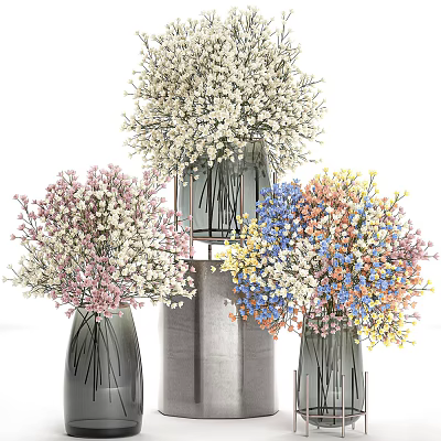 Modern Glass Vases With Colorful Assorted Flowers For Decorative 3d model