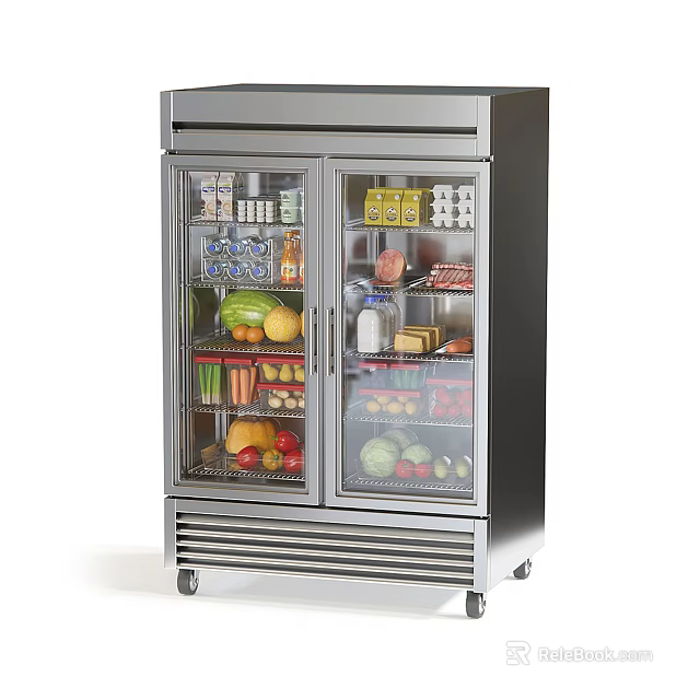 Stainless Steel Double Door Glass Refrigerator Stocked with Fruits Vegetables and Drinks for Commercial Kitchen 3d model 