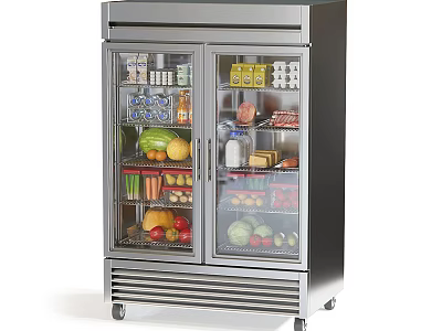 Stainless Steel Double Door Glass Refrigerator Stocked with Fruits Vegetables and Drinks for Commercial Kitchen 3d model