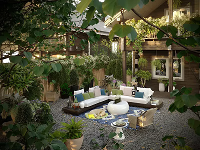 Cozy Garden Courtyard With Outdoor Sofa Colorful Pillows Lush Green Plants And Pebble Flooring 3d model