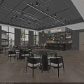 Modern Restaurant Interior With Open Space Dining Tables Hanging Lights And Bar Counter