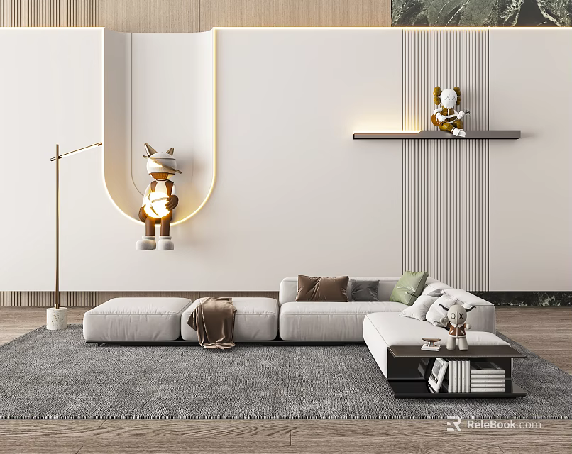 White Multi person Sofa With Gray Rug Floor Lamp Wall Shelf Throw Pillows And Blanket 3d model 