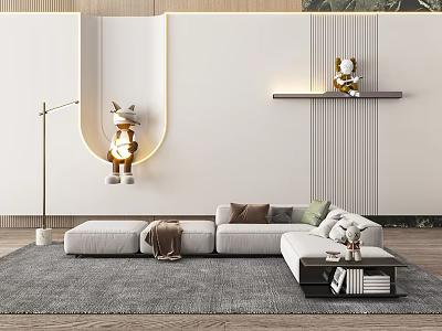 White Multi person Sofa With Gray Rug Floor Lamp Wall Shelf Throw Pillows And Blanket 3d model