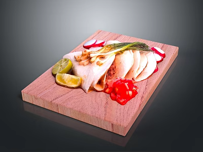 Mexican Tacos With Radish Slices Lime Peanut Toppings And Red Salsa On Wooden Board 3d model