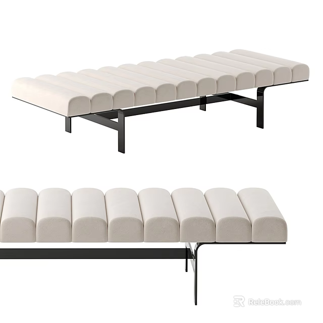 Modern Cream Fabric Sofa Bench With Tufted Design And Black Metal Legs 3d model 