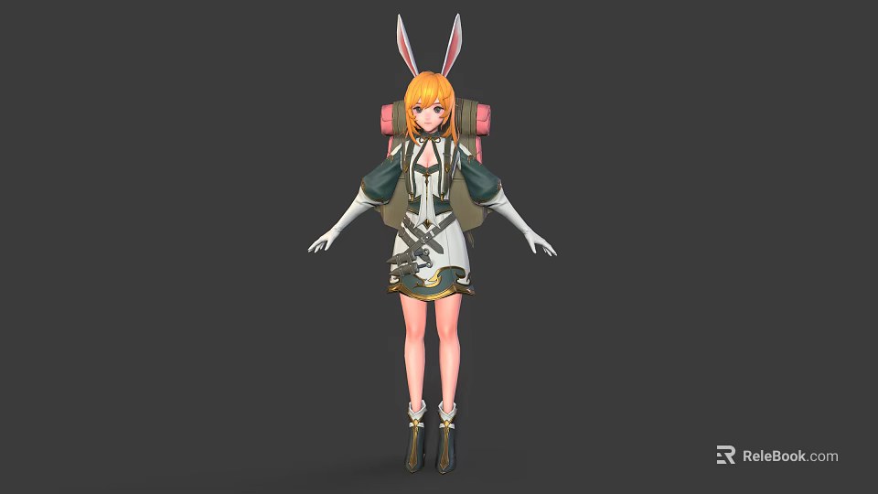 Anime 3D Character Model With Orange Hair And Bunny Ears Wearing Green White Costume Backpack 3d model 