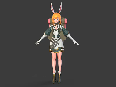 Anime 3D Character Model With Orange Hair And Bunny Ears Wearing Green White Costume Backpack 3d model