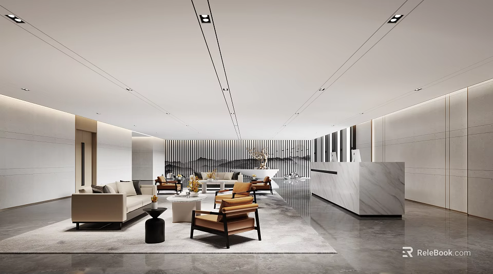 Modern Reception Area With Front Desk Sofa Coffee Table And Wooden Panel Walls 3d model