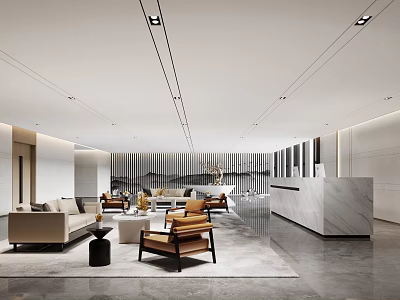 Modern Reception Area With Front Desk Sofa Coffee Table And Wooden Panel Walls 3d model