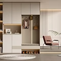 Modern Built-in Shoe Cabinet With Hanging Area Storage Drawers LED Lights Chair And Plant