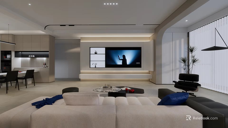 Modern Living Dining Room Interior With Comfortable Sofa TV Wall And Coffee Table 3d model 