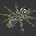 Futuristic Blue Multiple armed Spacecraft For Cosmic Exploration With Central Circular Structure And Solar Panels