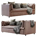 Brown Leather Two-Seater Sofa with Decorative Pillows and Gray Throw Blanket 3d model
