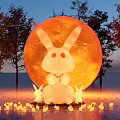 Giant Illuminated Rabbit Display With Red Moon Trees And Small Rabbit Lights 3d model
