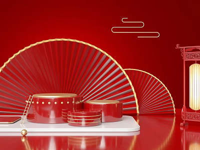 Chinese Style Display Shelf Featuring Red Gold Fans Lanterns and Round Boxes 3d model