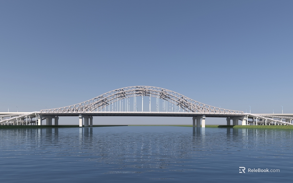 White Arch Bridge Spanning Water With Blue Sky And Calm Water Surface 3d model 