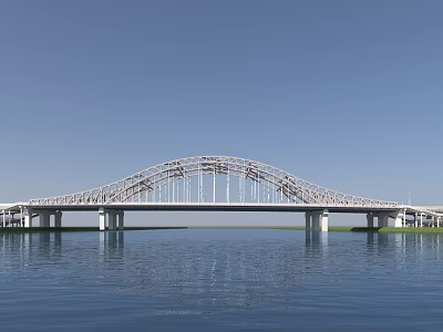 White Arch Bridge Spanning Water With Blue Sky And Calm Water Surface 3d model