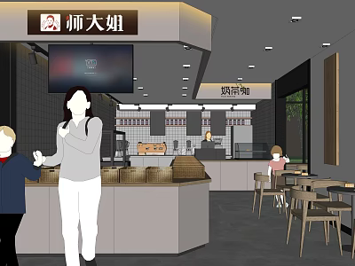 Modern Milk Tea Shop Interior With Counter Tables Chairs And Customers Enjoying Drinks 3d model