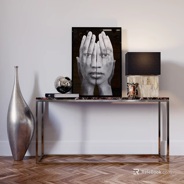 Decorative Ornament Set With Silver Vase Globe Black White Portrait Table Lamp On Metal Table 3d model 