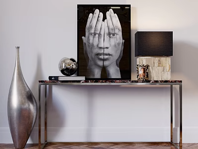 Decorative Ornament Set With Silver Vase Globe Black White Portrait Table Lamp On Metal Table 3d model