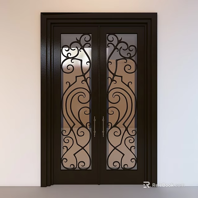 Elegant Black Frame Double Doors With Intricate Iron Scrollwork and Glass Panels Design 3d model 