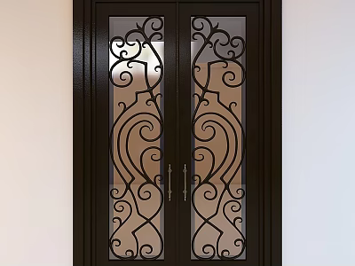 Elegant Black Frame Double Doors With Intricate Iron Scrollwork and Glass Panels Design 3d model
