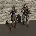Game Movie Characters Female With Gun And Male With Tactical Gear Standing Against Brick Wall