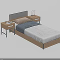 Single Bed with Gray Headboard Wooden Frame White Gray Bedding Two Nightstands Lamp and Books