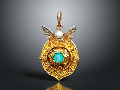Elegant Gold Pendant With Blue Gemstone Intricate Patterns And Wing Accents 3d model