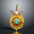 Elegant Gold Pendant With Blue Gemstone Intricate Patterns And Wing Accents