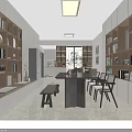 Modern Minimalist Dining and Living Room With Built in Bookshelves Dining Table Chairs and Skylight
