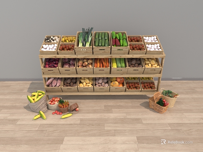 Colorful Fresh Fruits Arranged On Wooden Shelves With Crates Baskets And Gray Wall 3d model 