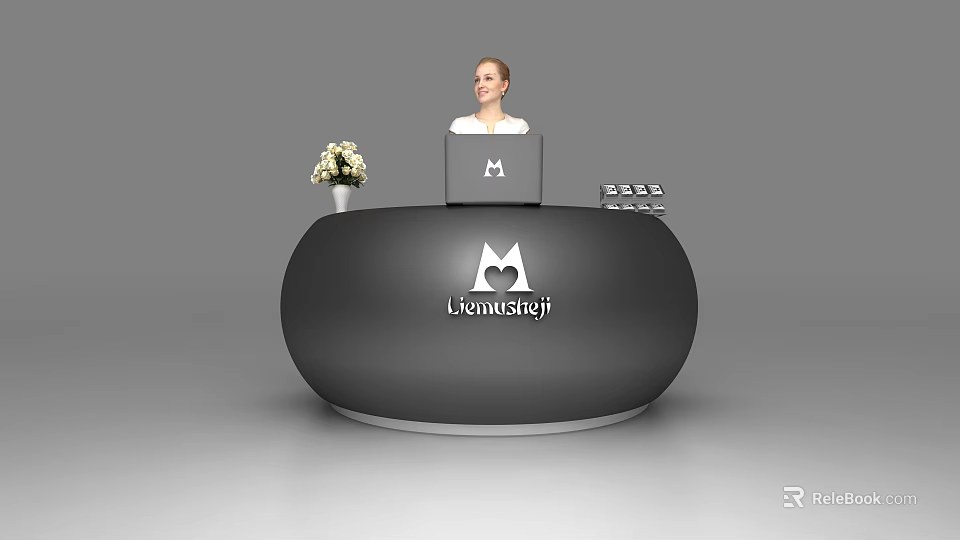 Modern Black Oval Reception Desk with LemonStaj Logo Laptop and Flower Vase 3d model 