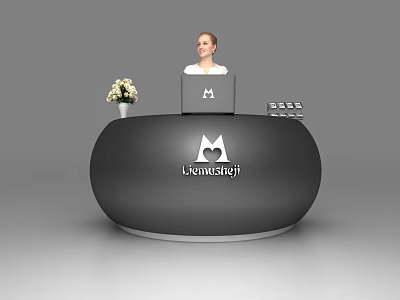 Modern Black Oval Reception Desk with LemonStaj Logo Laptop and Flower Vase 3d model