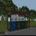 Public Facility Waste Collection Pavilion With Sorted Trash Bins And Surrounding Greenery 3d model