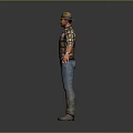 Man In Plaid Shirt With Green Bag Jeans And Brown Shoes Standing With Outstretched Arms