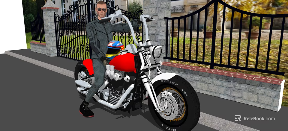 A man posing on red motorcycle with white frame and black wheels near iron gate 3d model 