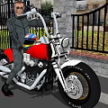A man posing on red motorcycle with white frame and black wheels near iron gate