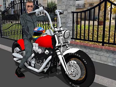 A man posing on red motorcycle with white frame and black wheels near iron gate 3d model