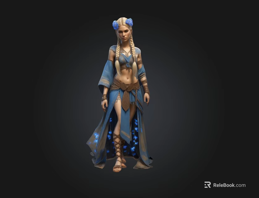 Fantasy Female 3D Character With Long Hair Blue Outfit Decorative Headpiece And Glowing Blue Patterns 3d model 